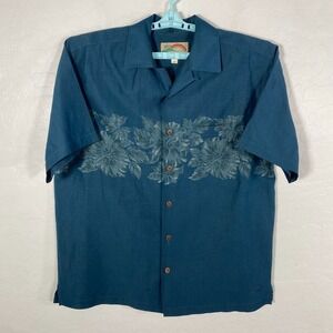 Paradise‎ Found Shirt Mens Medium Blue Green Hawaiian Silk Blend Floral Island
